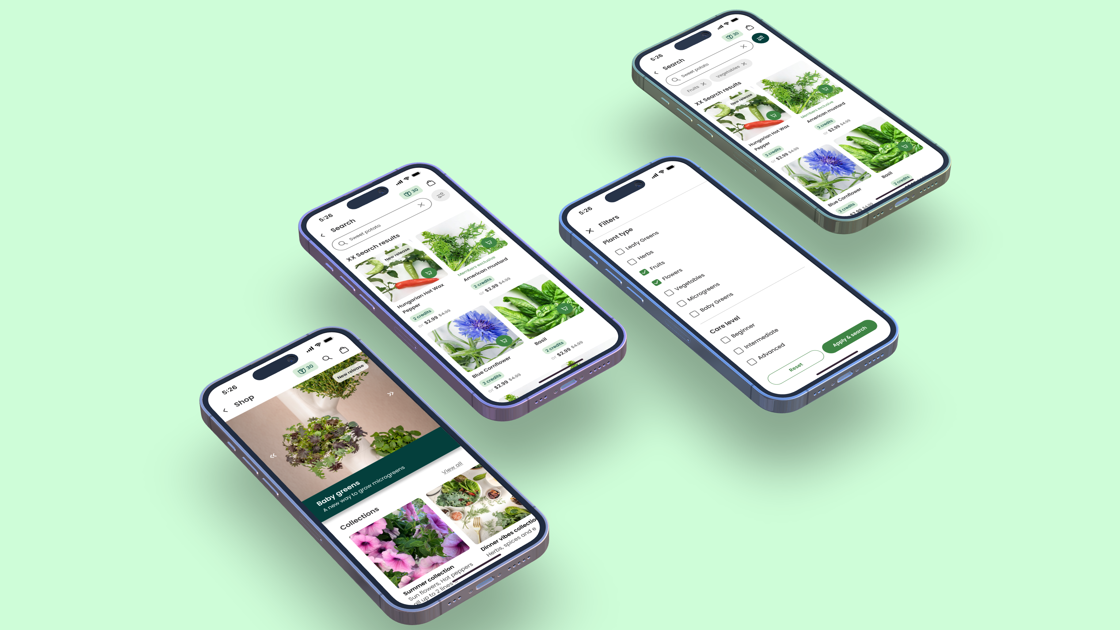 Gardyn mobile shop on a phone showing plant catalog and product detail