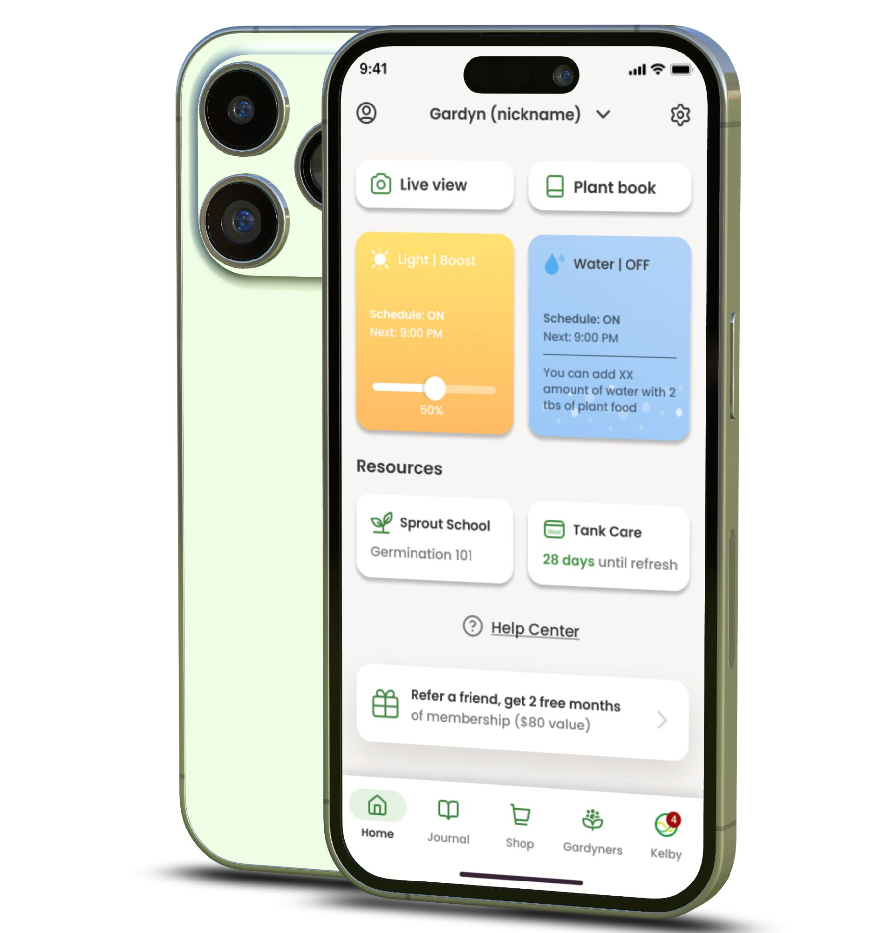 Gardyn widget UI showing dense controls on a phone.